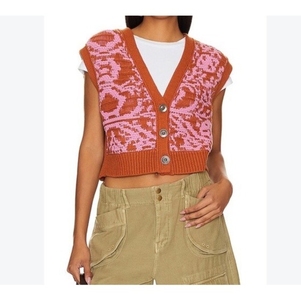 Free People Tapestry Sweater Vest Women's S Rust Copper Pink Boho Cropped